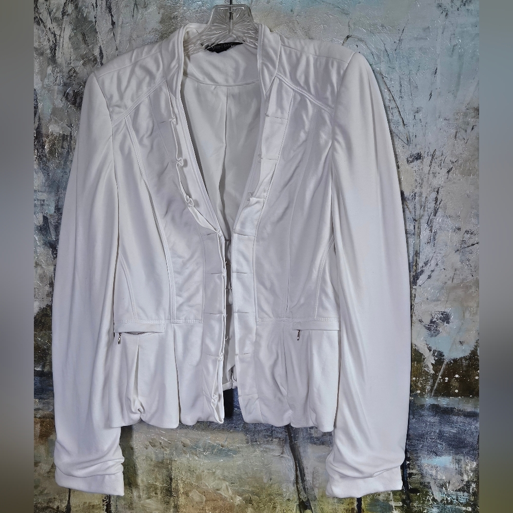 WHBM Ecru/Ivory Military Style Pleated Peplum Mandarin Collar Blazer Jacket Sz 8